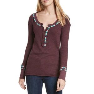 Free People Wine Long Sleeve Henley Top Size M Boho Thermal Shirt